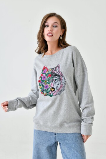 Kadın Oversize Casual Spor Günlük Baskılı Nakışlı Rahat Sweatshirt Kazak