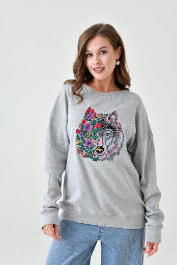 Kadın Oversize Casual Spor Günlük Baskılı Nakışlı Rahat Sweatshirt Kazak
