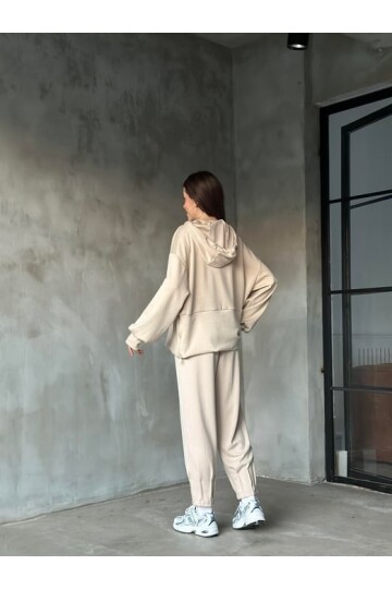Kadın Oversize Fermuarlı Kapüşonlu Sweatshirt Pileli Paça Tesettüre Uygun Spor Şık Eşofman Takımı