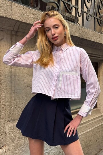 Kadın Özel Tasarım Çizgi Garni Crop Boy Uzun Kol Çift Manşetli Bluz Kısa Gömlek