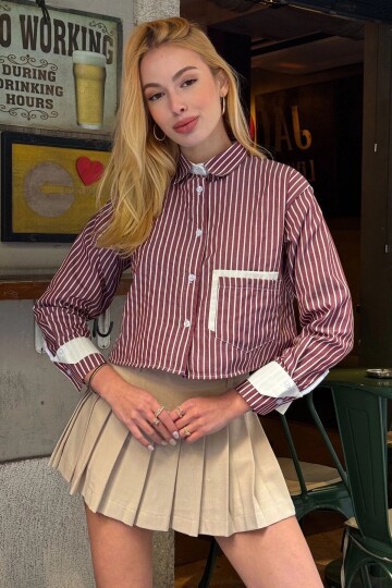 Kadın Özel Tasarım Çizgi Garni Crop Boy Uzun Kol Çift Manşetli Bluz Kısa Gömlek