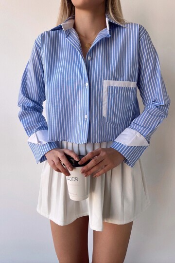 Kadın Özel Tasarım Çizgi Garni Crop Boy Uzun Kol Çift Manşetli Bluz Kısa Gömlek