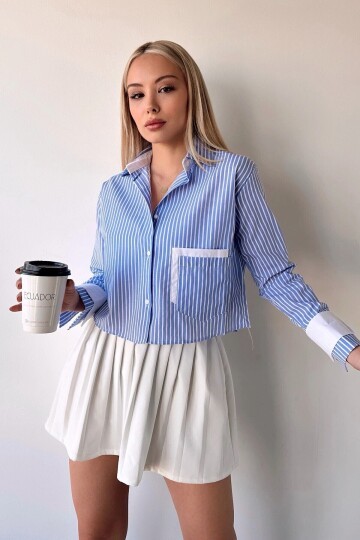 Kadın Özel Tasarım Çizgi Garni Crop Boy Uzun Kol Çift Manşetli Bluz Kısa Gömlek