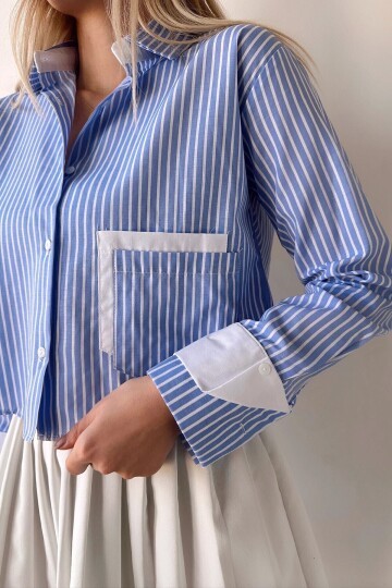 Kadın Özel Tasarım Çizgi Garni Crop Boy Uzun Kol Çift Manşetli Bluz Kısa Gömlek