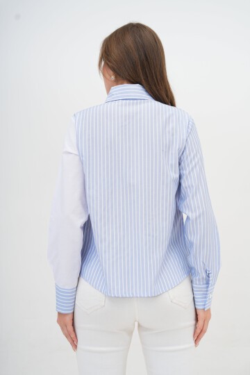 Kadın Özel Tasarım Yaka Kol Düğmeli Çizgi Garnili Bluz Boy  Pamuk Gömlek