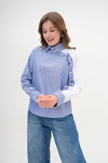 Kadın Özel Tasarım Yaka Kol Düğmeli Çizgi Garnili Bluz Boy  Pamuk Gömlek