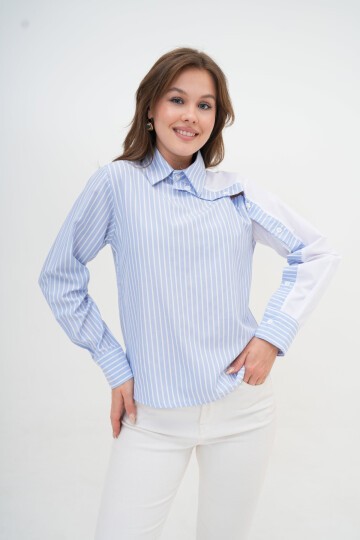 Kadın Özel Tasarım Yaka Kol Düğmeli Çizgi Garnili Bluz Boy  Pamuk Gömlek