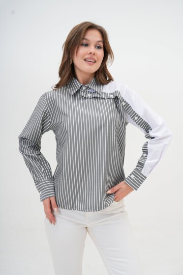 Kadın Özel Tasarım Yaka Kol Düğmeli Çizgi Garnili Bluz Boy  Pamuk Gömlek