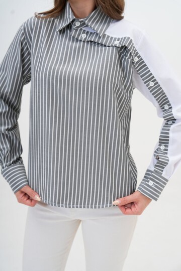 Kadın Özel Tasarım Yaka Kol Düğmeli Çizgi Garnili Bluz Boy  Pamuk Gömlek