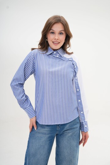 Kadın Özel Tasarım Yaka Kol Düğmeli Çizgi Garnili Bluz Boy  Pamuk Gömlek