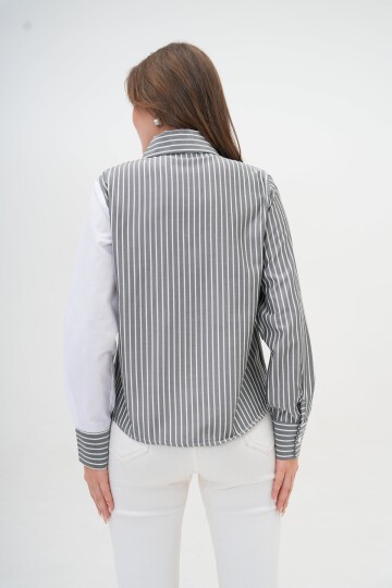 Kadın Özel Tasarım Yaka Kol Düğmeli Çizgi Garnili Bluz Boy  Pamuk Gömlek