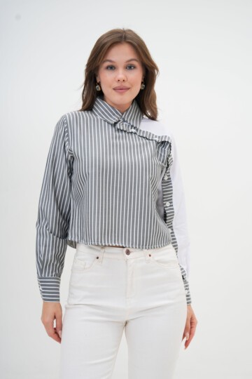 Kadın Özel Tasarım Yaka Kol Düğmeli Çizgi Garnili Crop Boy Bluz Gömlek