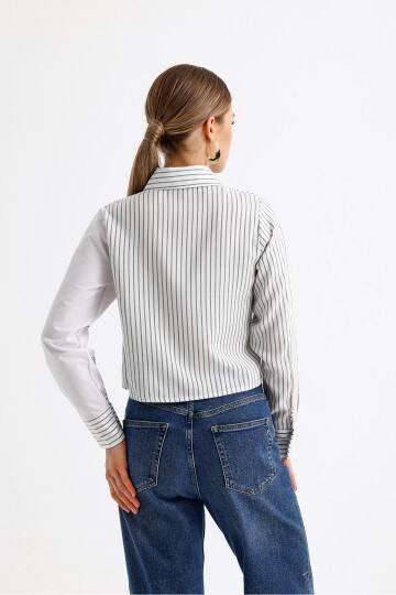 Kadın Özel Tasarım Yaka Kol Düğmeli Çizgi Garnili Crop Boy Bluz Gömlek