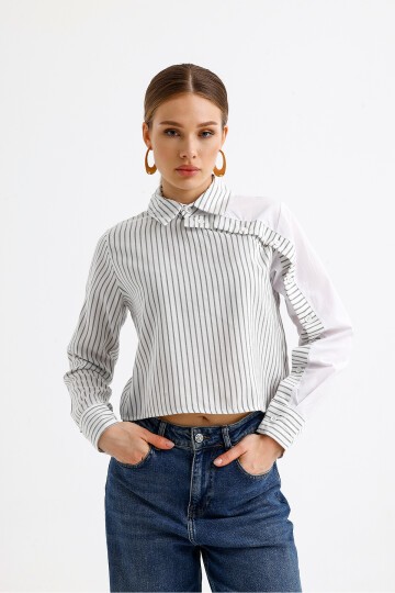 Kadın Özel Tasarım Yaka Kol Düğmeli Çizgi Garnili Crop Boy Bluz Gömlek