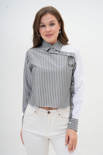 Kadın Özel Tasarım Yaka Kol Düğmeli Çizgi Garnili Crop Boy Bluz Gömlek