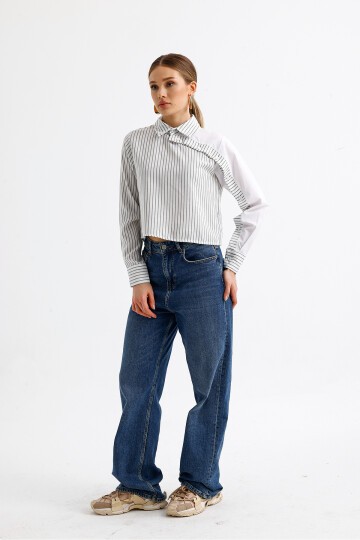Kadın Özel Tasarım Yaka Kol Düğmeli Çizgi Garnili Crop Boy Bluz Gömlek