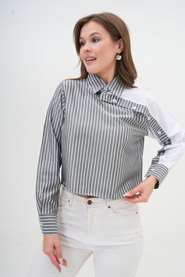 Kadın Özel Tasarım Yaka Kol Düğmeli Çizgi Garnili Crop Boy Bluz Gömlek