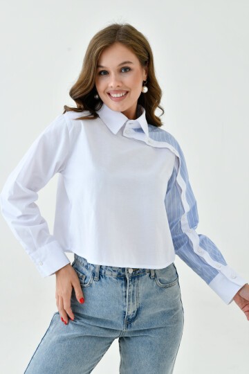 Kadın Özel Tasarım Yaka Kol Düğmeli Çizgi Garnili Crop Boy Bluz Gömlek