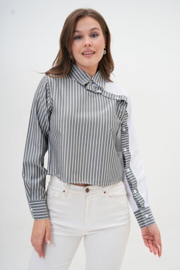 Kadın Özel Tasarım Yaka Kol Düğmeli Çizgi Garnili Crop Boy Bluz Gömlek