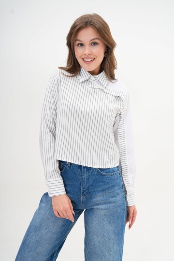 Kadın Özel Tasarım Yaka Kol Düğmeli Çizgi Garnili Crop Boy Bluz Gömlek