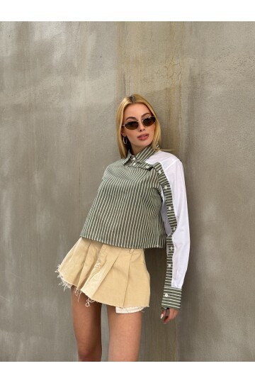 Kadın Özel Tasarım Yaka Kol Düğmeli Çizgi Garnili Crop Boy Kısa Bluz Gömlek