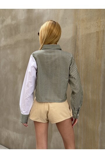 Kadın Özel Tasarım Yaka Kol Düğmeli Çizgi Garnili Crop Boy Kısa Bluz Gömlek