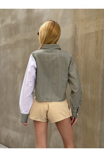 Kadın Özel Tasarım Yaka Koldan Giymeli Düğmeli Çizgi Garnili Crop Boy Tesettüre Uygun Bluz Gömlek