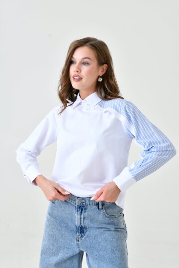 Kadın Özel Tasarım Yaka Kol Düğmeli Çizgi Garnili Tesettüre Uygun Bluz Gömlek