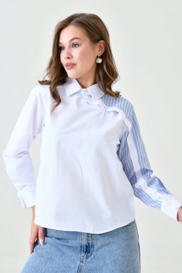 Kadın Özel Tasarım Yaka Kol Düğmeli Çizgi Garnili Tesettüre Uygun Bluz Gömlek