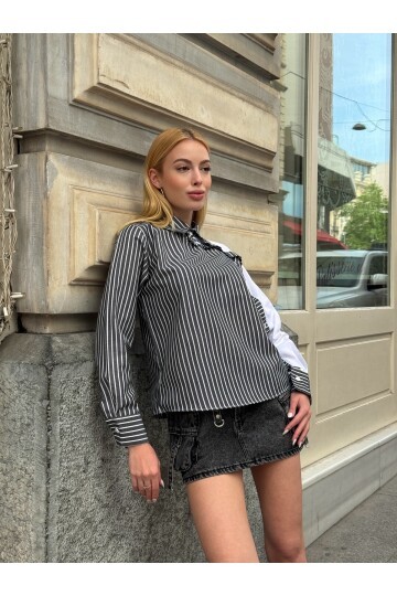 Kadın Özel Tasarım Yaka Kol Düğmeli Çizgili Garnili Bluz Boy Pamuk Curve Şık Gömlek