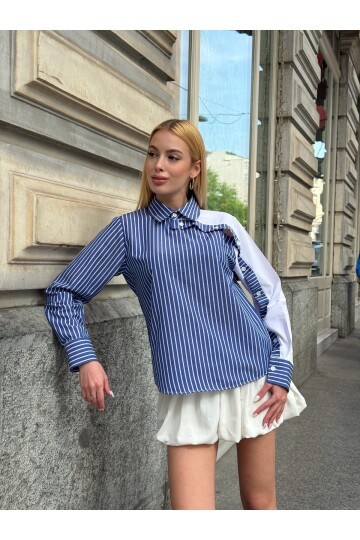 Kadın Özel Tasarım Yaka Kol Düğmeli Çizgili Garnili Bluz Boy Pamuk Curve Şık Gömlek