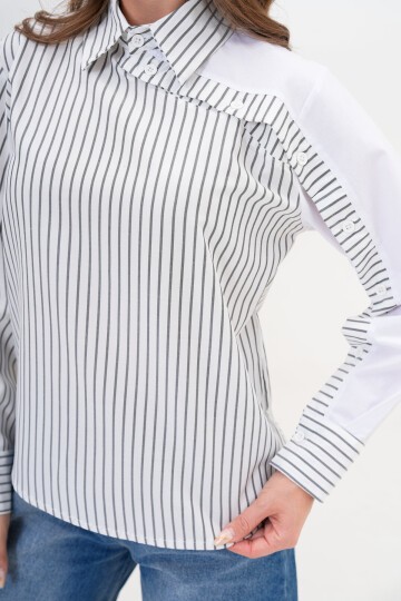 Kadın Özel Tasarım Yaka Kol Düğmeli Çizgili Garnili Bluz Boy Pamuk Curve Şık Gömlek