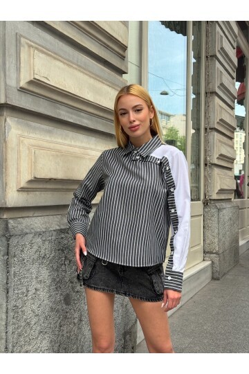 Kadın Özel Tasarım Yaka Kol Düğmeli Çizgili Garnili Bluz Boy Pamuk Curve Şık Gömlek