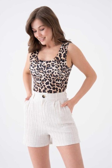 Kadın Pamuk Keten Kendinden Dokulu Yazlık Spor Şık Maya Keten Şort