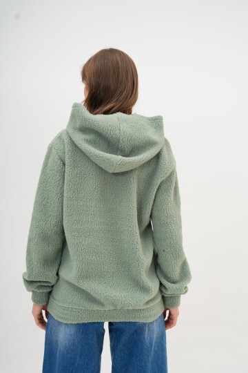 Kadın Peluş Kumoş Kanguru Cepli Kapüşonlu Rahat Kalıp Standart Sweatshirt