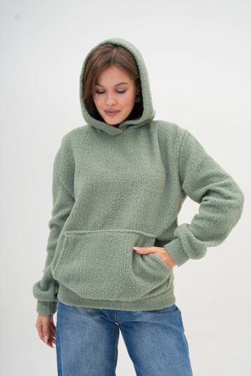 Kadın Peluş Kumoş Kanguru Cepli Kapüşonlu Rahat Kalıp Standart Sweatshirt