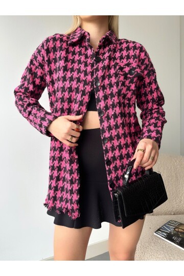 Kadın Pembe Siyah Büyük Kazayağı Oduncu Oversize Tunik Boy Etek Ucu Püsküllü Ceket Gömlek