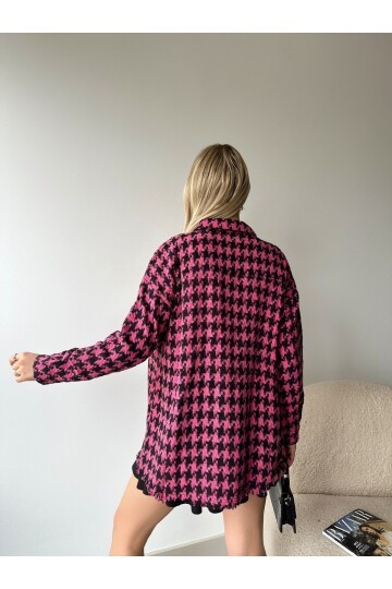 Kadın Pembe Siyah Büyük Kazayağı Oduncu Oversize Tunik Boy Etek Ucu Püsküllü Ceket Gömlek