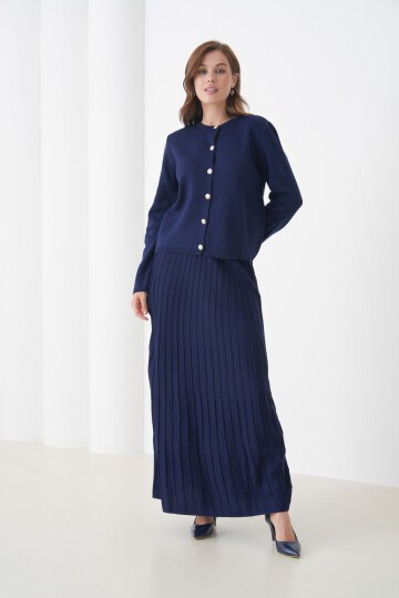 Kadın Pileli Etek Kazağı Düğmeli Tesettüre Uygun Örgü Triko Etekli Ceket Takım