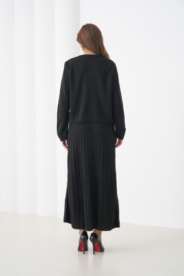 Kadın Pileli Etek Kazağı Düğmeli Tesettüre Uygun Örgü Triko Etekli Ceket Takım