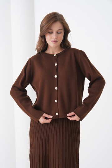 Kadın Pileli Etek Kazağı Düğmeli Tesettüre Uygun Örgü Triko Etekli Ceket Takım