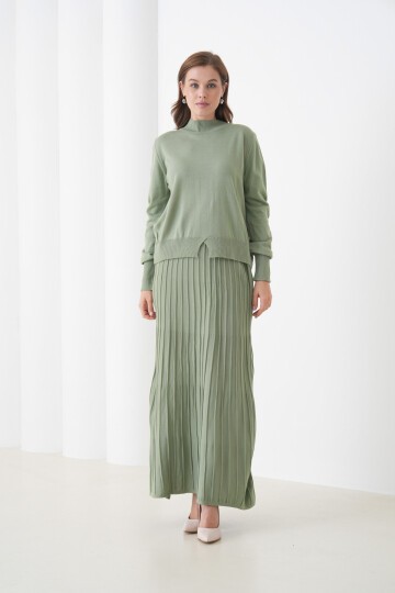 Kadın Pileli Etek Kazağı V Tasarım Tesettüre Uygun Örgü Triko Etek Kazak Takım