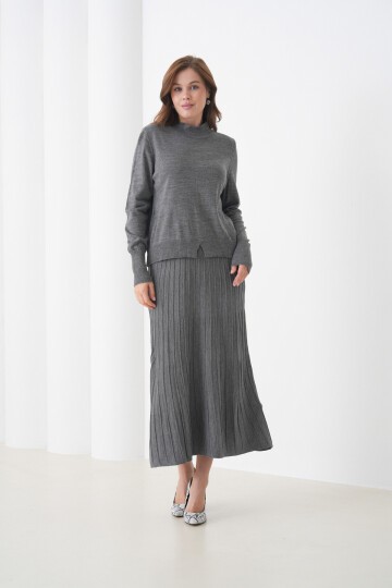 Kadın Pileli Etek Kazağı V Tasarım Tesettüre Uygun Örgü Triko Etek Kazak Takım