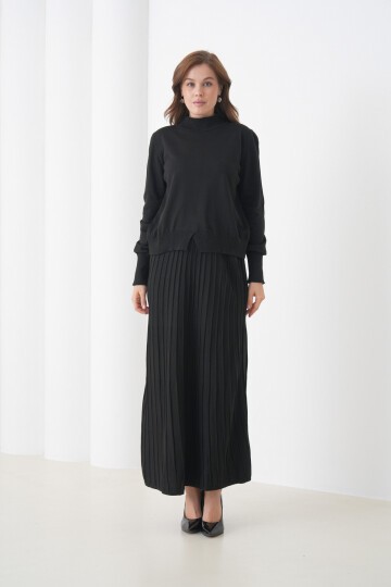 Kadın Pileli Etek Kazağı V Tasarım Tesettüre Uygun Örgü Triko Etek Kazak Takım