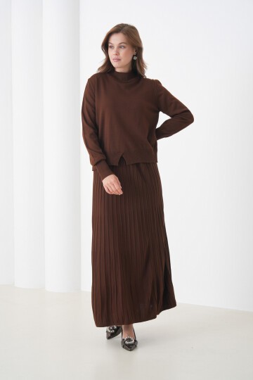 Kadın Pileli Etek Kazağı V Tasarım Tesettüre Uygun Örgü Triko Etek Kazak Takım