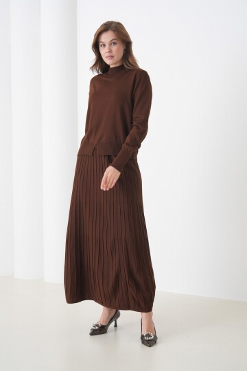 Kadın Pileli Etek Kazağı V Tasarım Tesettüre Uygun Örgü Triko Etek Kazak Takım