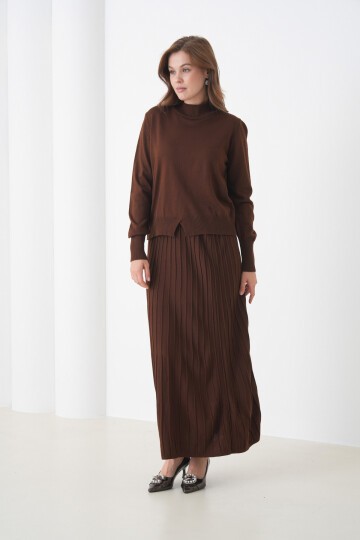 Kadın Pileli Etek Kazağı V Tasarım Tesettüre Uygun Örgü Triko Etek Kazak Takım