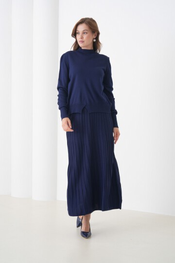 Kadın Pileli Etek Kazağı V Tasarım Tesettüre Uygun Örgü Triko Etek Kazak Takım