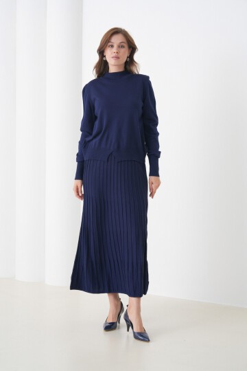 Kadın Pileli Etek Kazağı V Tasarım Tesettüre Uygun Örgü Triko Etek Kazak Takım