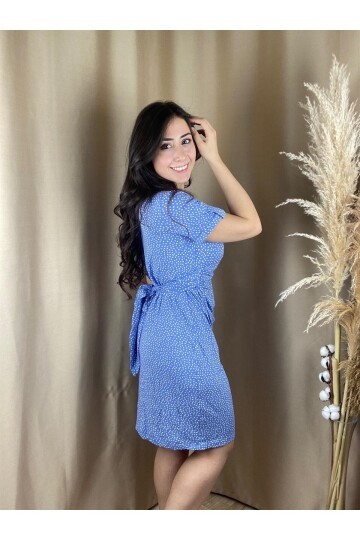 Kadın Puantiyeli Buz Mavisi Göğüs Altından Yandan Bağlamalı Spor Şık Viskon Hamile Elbisesi